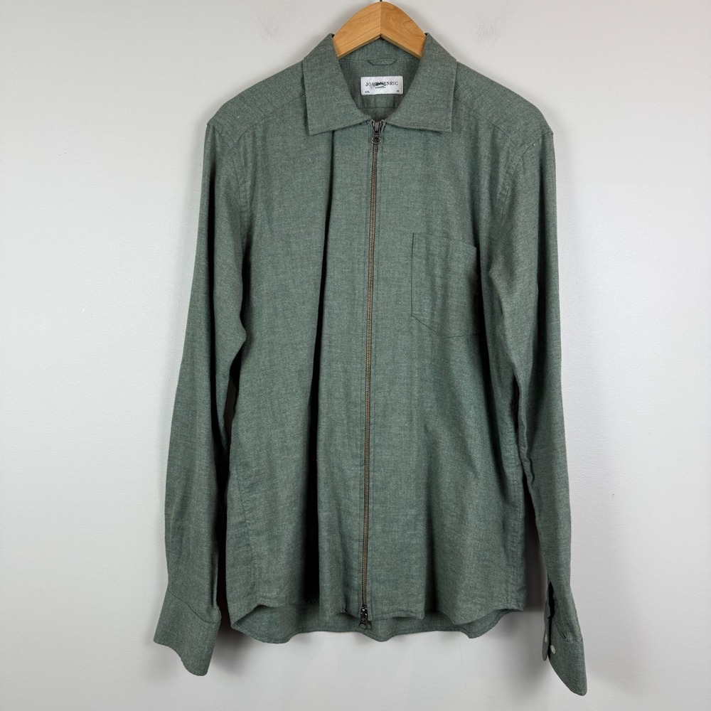 John Henric Shirt Men Small 40-15.5‎ Green Full Zip Long Sleeve Collared Classic